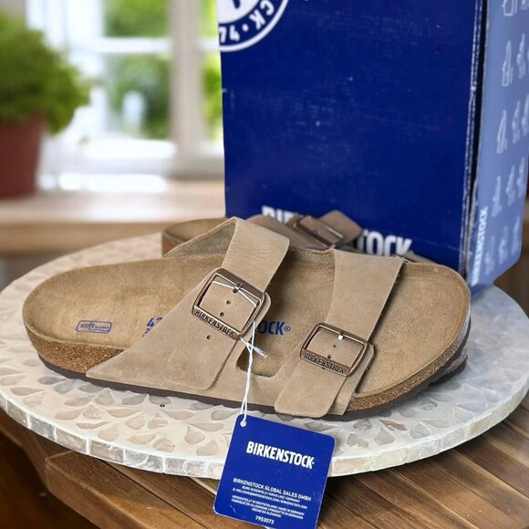 Birkenstock Arizona Regular Fit Soft Footbed Taupe Nubuck Leather Sandals Sz 42 - Picture 1 of 9